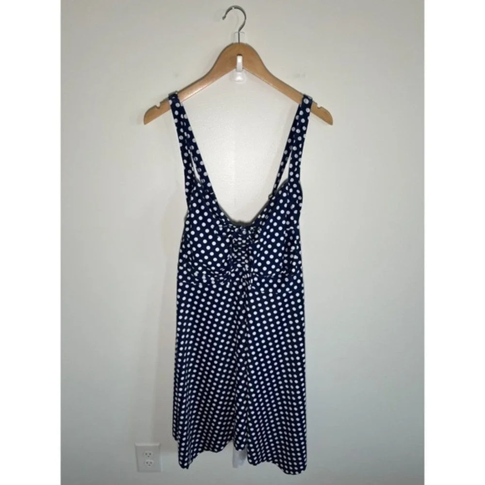 Womens 22W Navy Polka Dot Swim Suit Dress Sweetheart‎ Neckline Tie Front